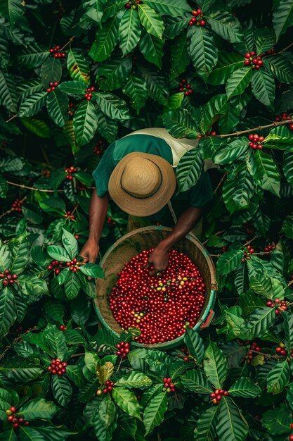 Coffee cherries being hand-harvested — representative image of Wayanad-style hill coffee picking