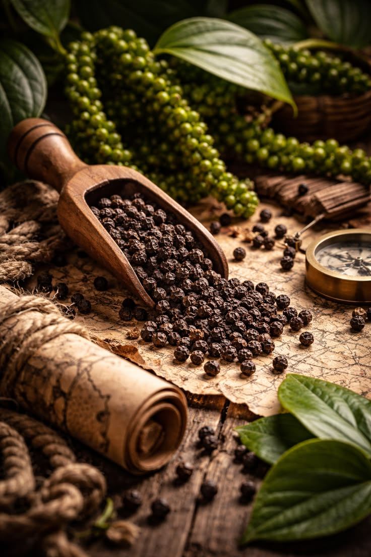 Black and green peppercorns with a wooden scoop, rope and map — spice trade heritage styling
